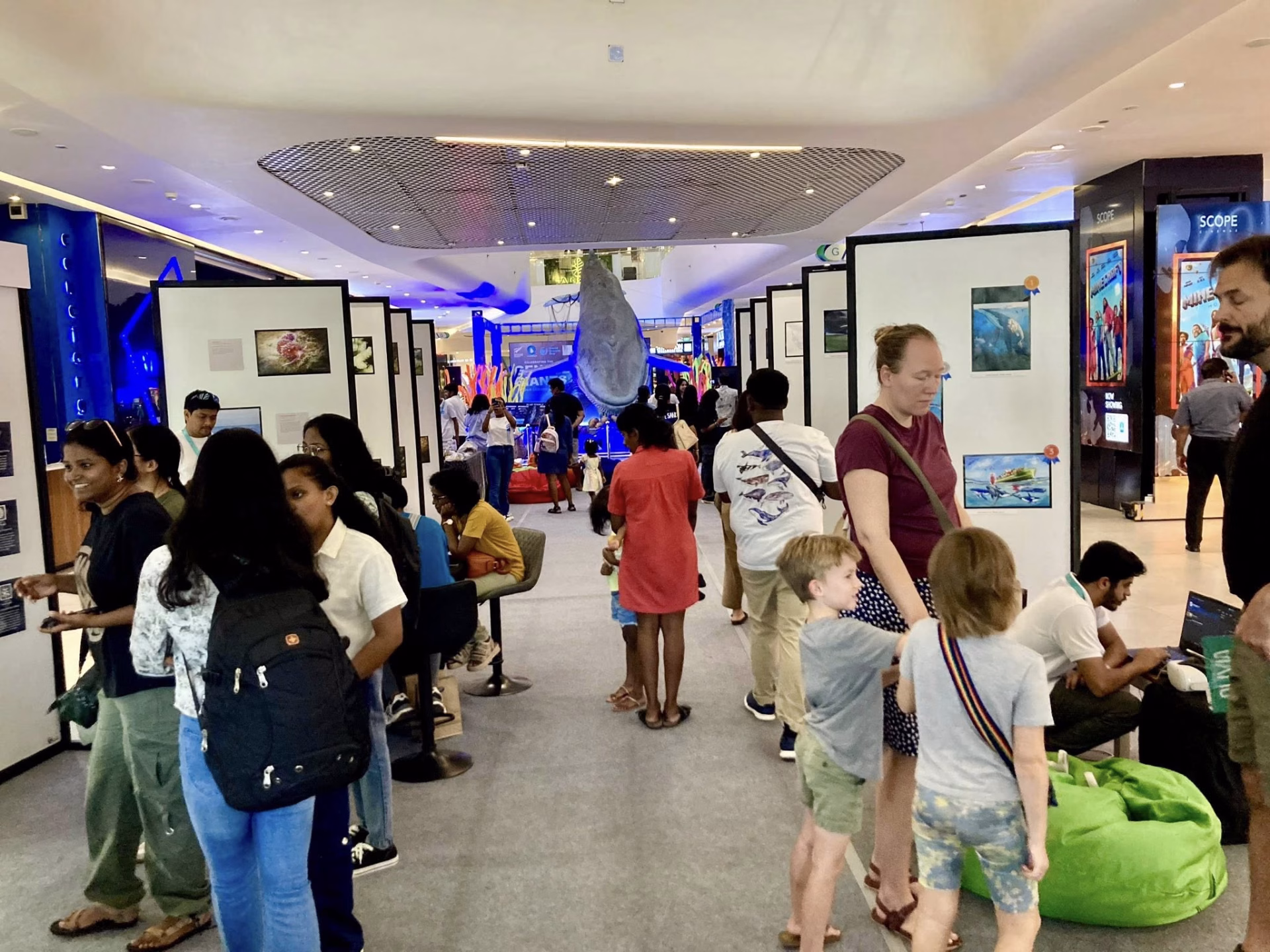 Crowd of families and individuals exploring educational panels and photo exhibits leading up to the whale display inside the mall.