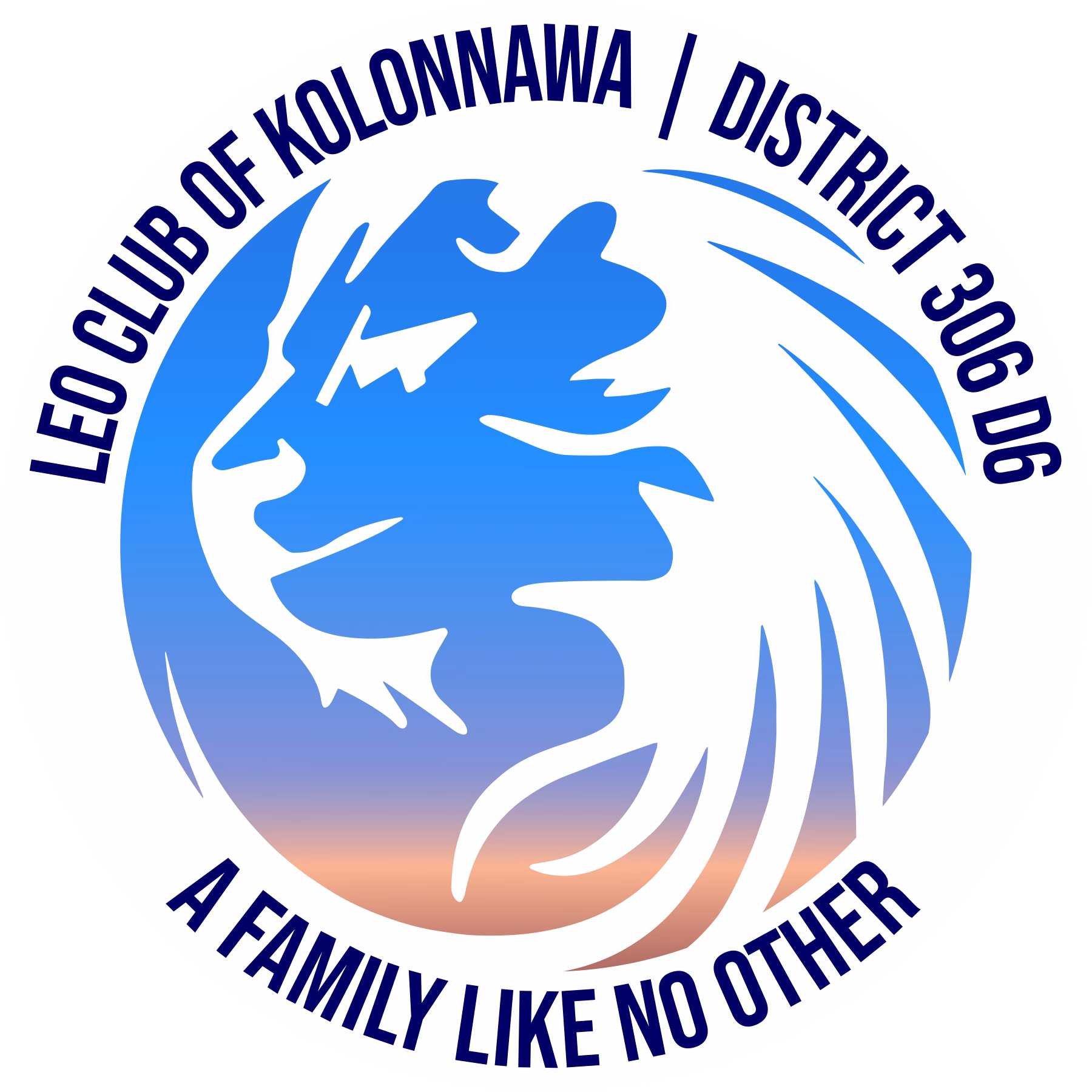 Leo Club of Kolonnawa logo – stylized blue lion head with sunset gradient, circular badge with text: ‘Leo Club of Kolonnawa | District 306 D6’ and motto ‘A Family Like No Other.’
