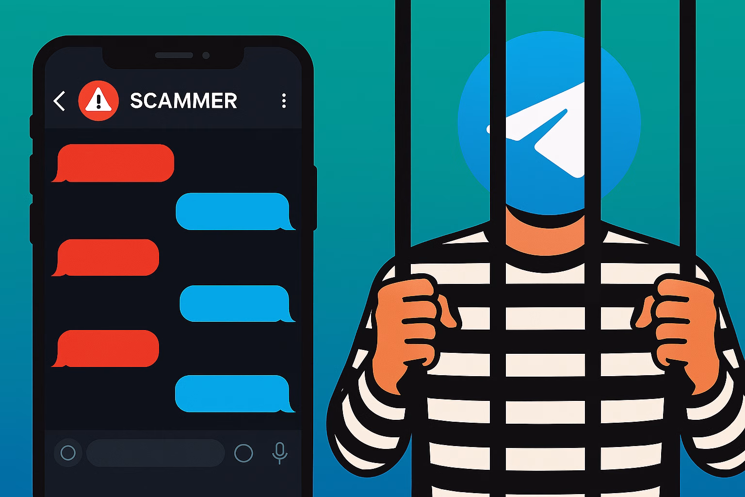 A vibrant digital illustration split into two halves. On the left, a smartphone screen displays a Telegram chat with a red warning-colored message bubble from a user named “scammer,” whose profile picture shows a warning icon. On the right, a cartoonish figure wears a black-and-white striped inmate outfit and grips prison bars; instead of a face, the figure has a large Telegram logo. The image symbolizes Telegram being misused for scams and frauds.